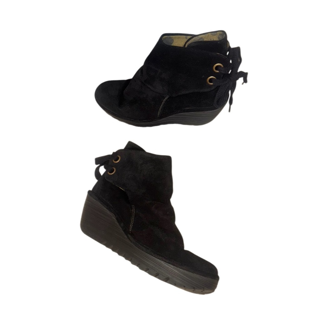 FLY LONDON YAMA black suede wedge booties women’s ankle boots size 41 10